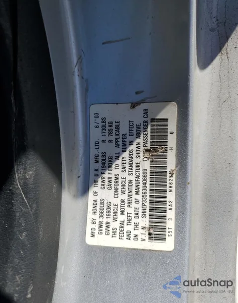 2003 Honda Civic Si z USA, uszkodzony, nr VIN SHHEP33563U406699